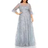 Mac Duggal Embroidered Illusion High Neck Puff Sleeve A Line In Platinum