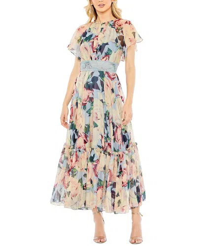 Mac Duggal Floral Chiffon High Neck Flutter Sleeve Dress In Blue