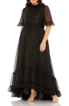 Mac Duggal High Neck Flutter Sleeve Ruffle Tiered High Low Plus Size Gown In Black