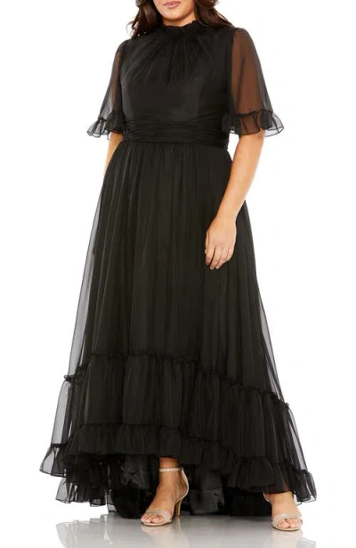 MAC DUGGAL MAC DUGGAL HIGH NECK FLUTTER SLEEVE RUFFLE TIERED HIGH LOW GOWN
