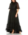 Mac Duggal High Neck Flutter Sleeve Ruffle Tiered High Low Plus Size Gown In Black