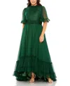 Mac Duggal High Neck Flutter Sleeve Ruffle Tiered High Low Plus Size Gown In Emerald