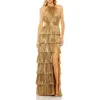 Mac Duggal High Neck Heat Pleated Tiered Ruffle Metallic Gown In Gold