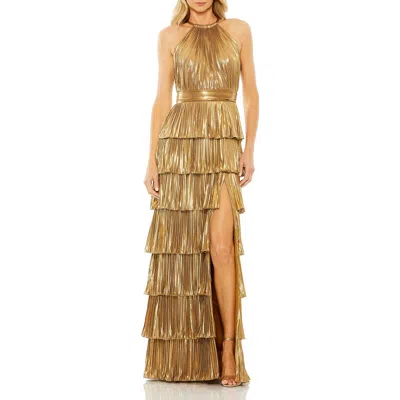 Mac Duggal High Neck Heat Pleated Tiered Ruffle Metallic Gown In Gold