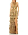 Mac Duggal High Neck Heat Pleated Tiered Ruffle Metallic Gown In Gold