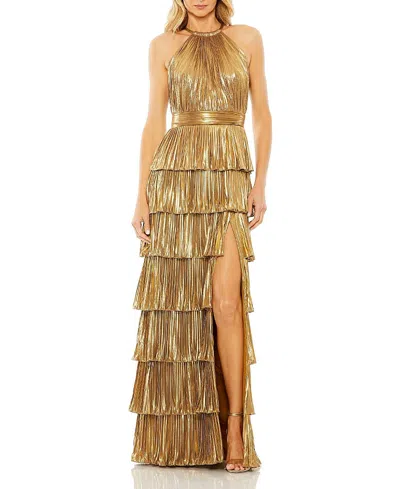 MAC DUGGAL HIGH NECK HEAT PLEATED TIERED RUFFLE METALLIC GOWN