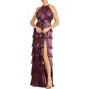 Mac Duggal High Neck Heat Pleated Tiered Ruffle Metallic Gown In Pink