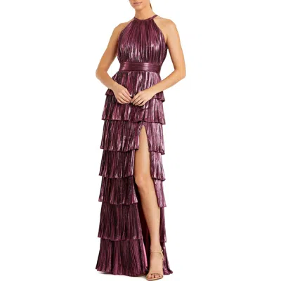 Mac Duggal High Neck Heat Pleated Tiered Ruffle Metallic Gown In Pink