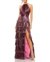 Mac Duggal Pleated Metallic Halter Gown In Rose