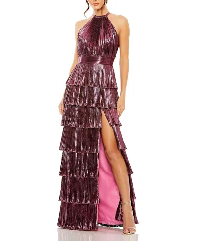 MAC DUGGAL HIGH NECK HEAT PLEATED TIERED RUFFLE METALLIC GOWN