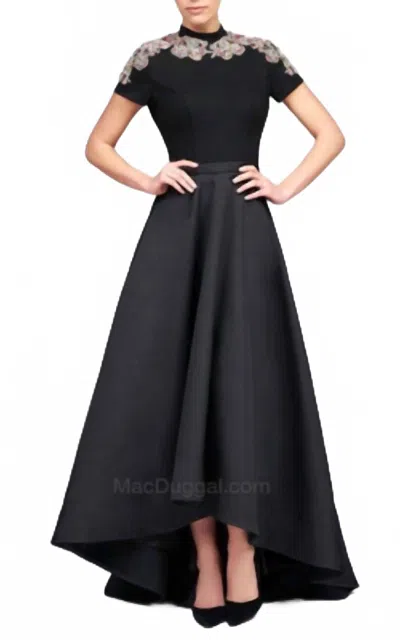Mac Duggal High Neck Hi Low Dress In Black