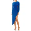 Mac Duggal High Neck Jersey Gown With Open Back And Asymmetrical Hem In Blue
