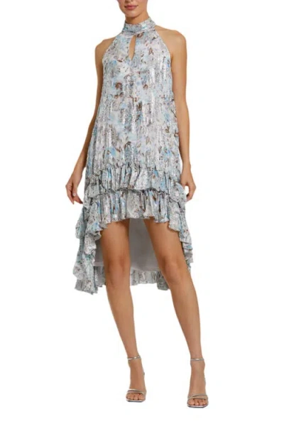 Mac Duggal High Neck Keyhole A-line Floral Ruffle Mini Dress In Ivory Multi