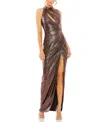 Mac Duggal High Neck Sleeveless Cut-out Metallic Gown In Mocha