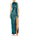 Mac Duggal High Neck Keyhole Cutout Sleeveless Metallic Jersey Gown In Peacock