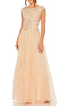 Mac Duggal High Neck Lace Embroidered Cap Sleeve Gown In Peach