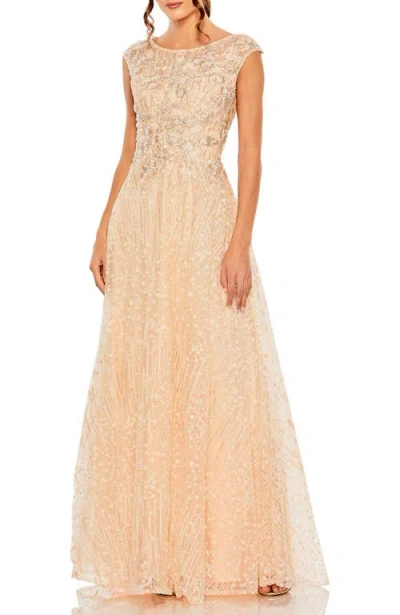 Mac Duggal High Neck Lace Embroidered Cap Sleeve Gown In Peach