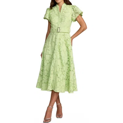 Mac Duggal High Neck Lace Puff Sleeve Belted Midi Dress In Green