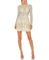 Mac Duggal Sequin High Neck Long Sleeve A Line Dress In Silver Nude