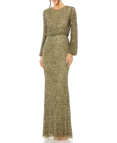 Mac Duggal High Neck Long Sleeve Beaded Blouson Gown In Green