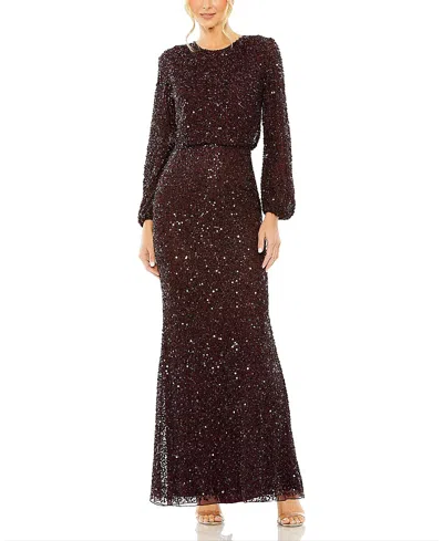 Mac Duggal High Neck Long Sleeve Beaded Blouson Gown In Purple