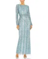 Mac Duggal High Neck Long Sleeve Crystal Fringe Column Gown In French Blue