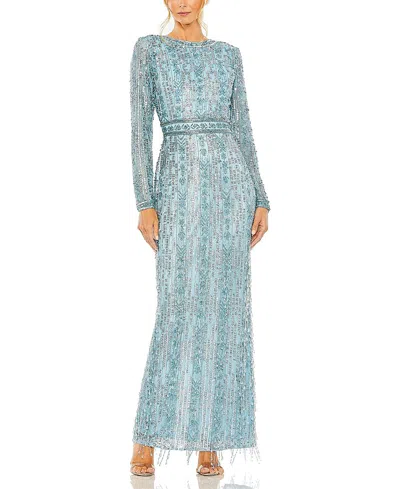 Mac Duggal High Neck Long Sleeve Crystal Fringe Column Gown In French Blue