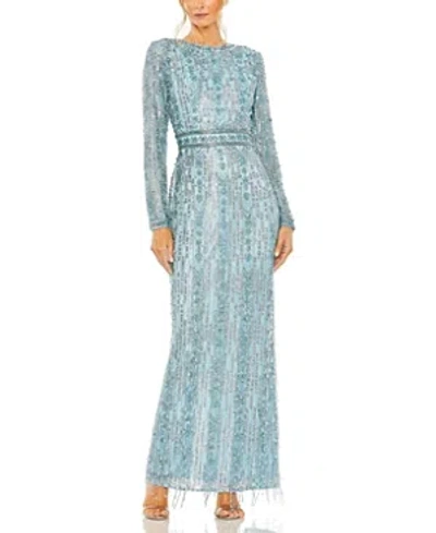 Mac Duggal High Neck Long Sleeve Crystal Fringe Column Gown In French Blue