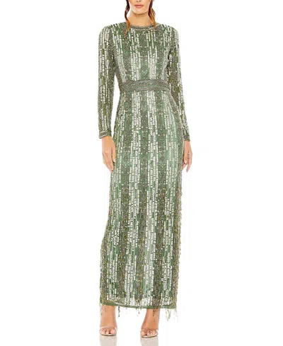 MAC DUGGAL HIGH NECK LONG SLEEVE CRYSTAL FRINGE COLUMN GOWN