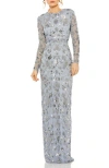 Mac Duggal Sequin Long Sleeve Gown In Slate Blue