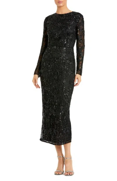 Mac Duggal High Neck Long Sleeve Embellished Dress In Black