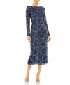 Mac Duggal Sequin Beaded Long Sleeve Cocktail Midi Dress In Midnight
