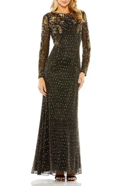 Mac Duggal High Neck Long Sleeve Embellished Gown In Black Gold
