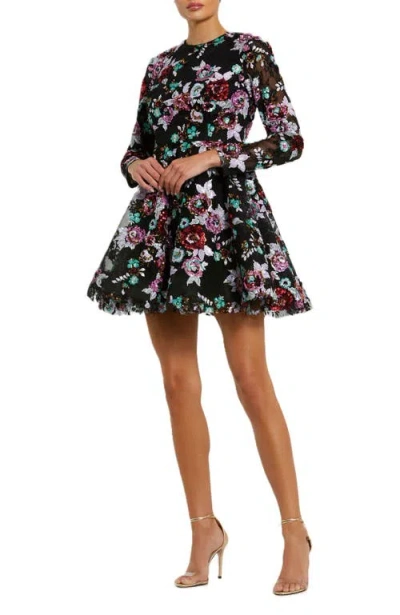 Mac Duggal High Neck Long Sleeve Sequin A Line Mini Dress In Blue