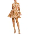 Mac Duggal High Neck Long Sleeve Sequin A Line Mini Dress In Brown