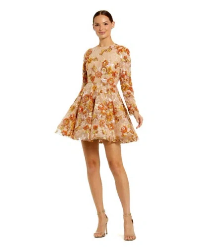 Mac Duggal High Neck Long Sleeve Sequin A Line Mini Dress In Nude Multi