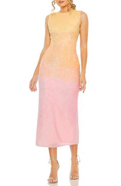 Mac Duggal High Neck Ombre Sequin Midi Sheath  Dress In Sunset