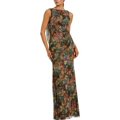 Mac Duggal High Neck Printed Mesh Cowl Back Column Gown In Multi