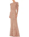 Mac Duggal High Neck Puff Long Sleeve Column Gown In Neutral