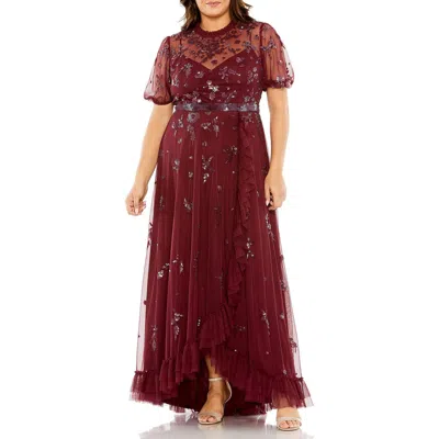 Mac Duggal 9269 Plus Size Puff Short Sleeve Embellished Faux Wrap Maxi Dress In Burgundy