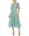 Mac Duggal Embellished A-line Midi Dress With High Neck And Flutter Sleeves In Seafoam