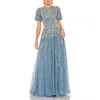Mac Duggal High Neck Puff Sleeve Embellished A Line Gown In Blue