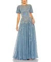 Mac Duggal High Neck Puff Sleeve Embellished A Line Gown In Slate Blue