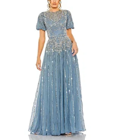 MAC DUGGAL HIGH NECK PUFF SLEEVE EMBELLISHED A LINE GOWN