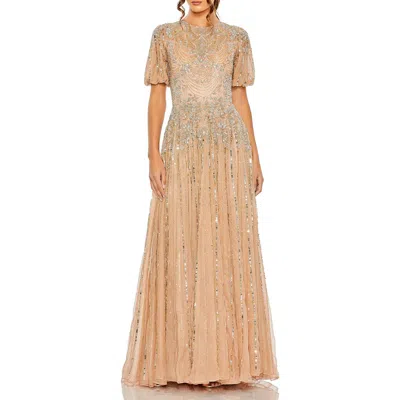 MAC DUGGAL MAC DUGGAL HIGH NECK PUFF SLEEVE EMBELLISHED A LINE GOWN