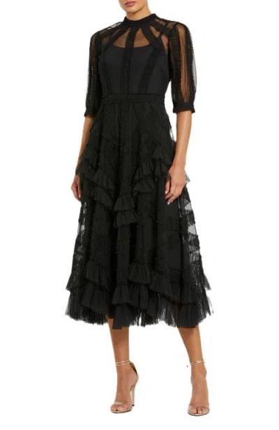 Mac Duggal High Neck Puff Sleeve Ruffle Tiered Dress In Black