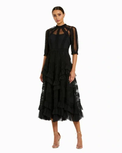 Mac Duggal High Neck Puff Sleeve Ruffle Tiered Dress In Black