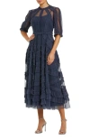 Mac Duggal High Neck Puff Sleeve Ruffle Tiered Dress In Midnight