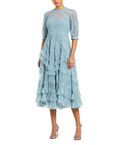 Mac Duggal High Neck Puff Sleeve Ruffle Tiered Dress In French Blue