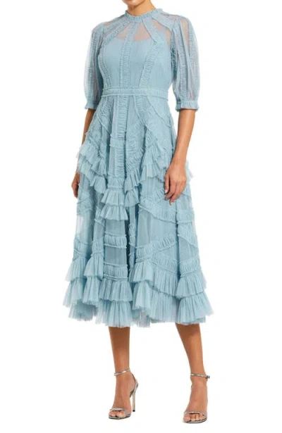 Mac Duggal High Neck Puff Sleeve Ruffle Tiered Dress In French Blue ...